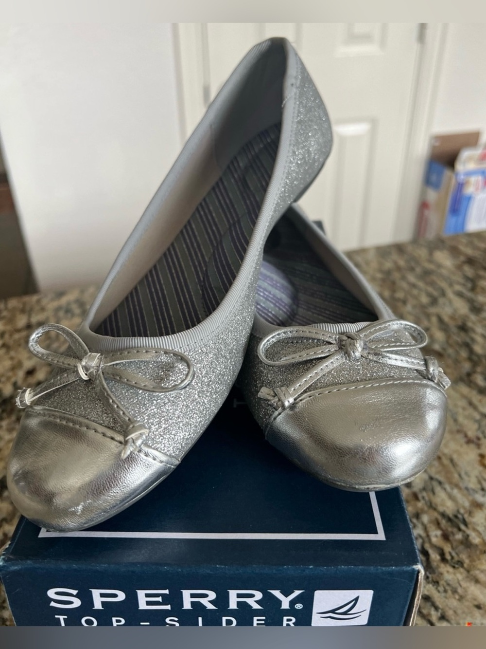 New Sperry Abby Silver Sparkle Ballet Flats 7